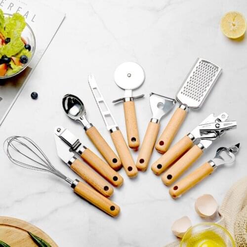 9Pcs Wooden Handle Kitchen Gadget Set Stainless Steel Peeler Pizza Cutter Cheese Grater Garlic Press Whisk Corkscrew Can Opener