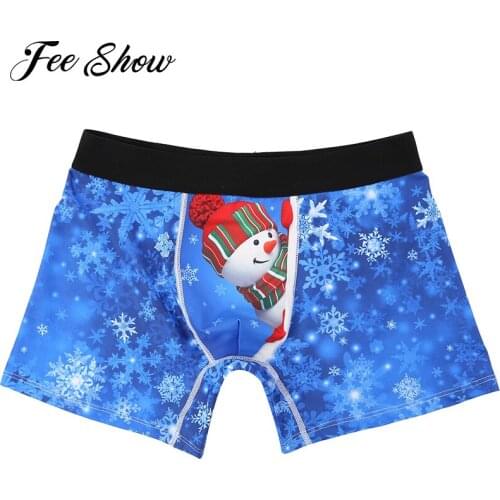 Novelty Cute Man Christmas Holiday Snowman Boxer Shorts Wide Waistband Stretchy Cartoon Pattern Printed Sissy Panties Underwear