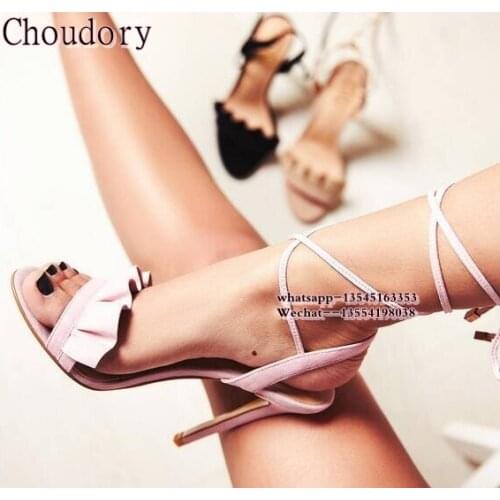 New Brand Women Suede Leather High Heels Sandals Ruffle Lace Up Ankle Strap Pumps Stiletto Heel Sexy Open Toe Party Shoes