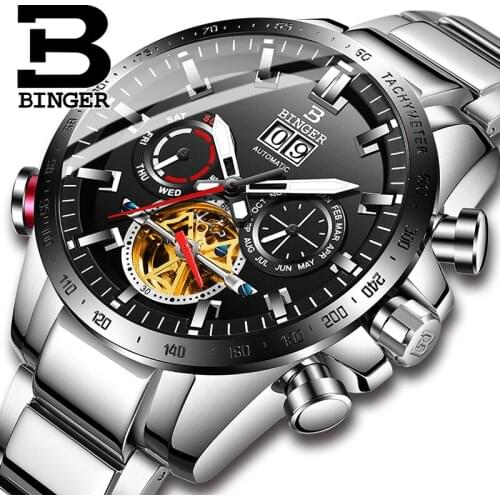 Genuine Luxury Switzerland BINGER Brand Men automatic mechanical Luminous waterproof cool sports steel week male fashion watch