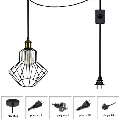 Farmhouse Black Plug In Pendant Light, Metal Cage Lampshade Lighting Fixture, Industrial Vintage Style Plug In Pendant Light