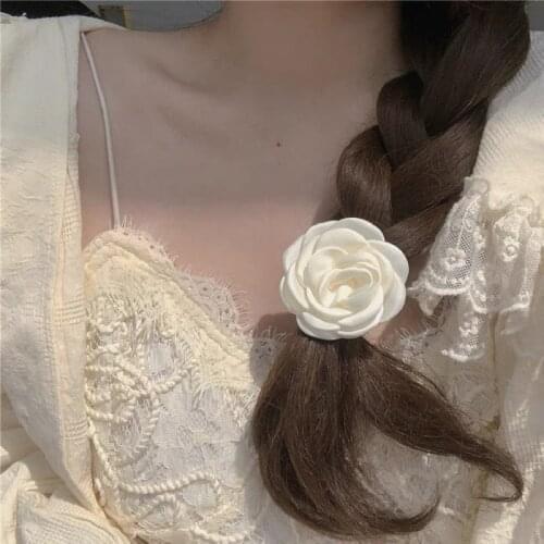 New Women Retro Elegant White Satin Camellia Rose Hair Rope Girls Sweet Hair Clips Hairpins Headband Fashion Hair Accessories