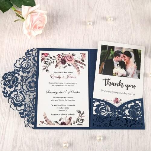100pcs Navy Blue Laser Cut Floral Invitation Cards for Wedding / Party / Quinceanera / Anniversary / Birthday, CW0008