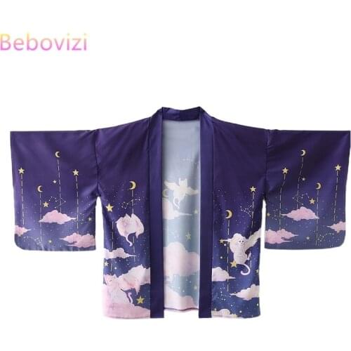 2021 New Loose Purple Kawaii Cats Print Japanese Streetwear Cardigan Women Men Harajuku Haori Kimono Cosplay Blouse Top Yukata