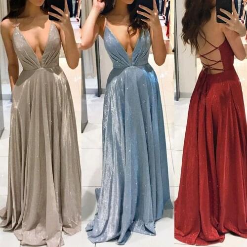 Sexy Backless Party Dress Sparkly Spaghetti Strap Gown Low Cut Floor-Length Lady Dress for Banquet Party Sexy Vestidos 2021