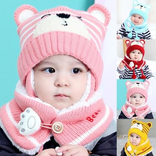Cap scarf warm Set kids hat Unisex Winter Kids Baby Cartoon Bear Stripe Knit Hat Cap Scarf Earmuff Warm Set Hat Girls Boys 2020
