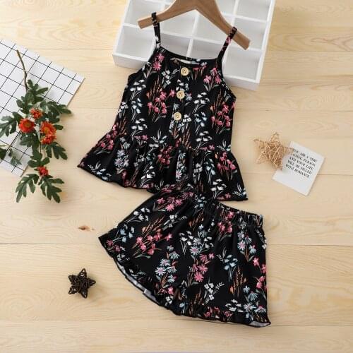 Emmababy 2021 2Pcs Sweet Little Girls Outfit Toddlers Floral Printing Button Decoration Flouncing Sleeveless Suspender Shorts