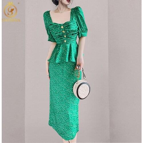 SMTHMA New Fashion Womens Elegant Sexy Puff Sleeve Ruffled Blouse +High Waist Two-Piece Printing Dyeing Skirt Suit