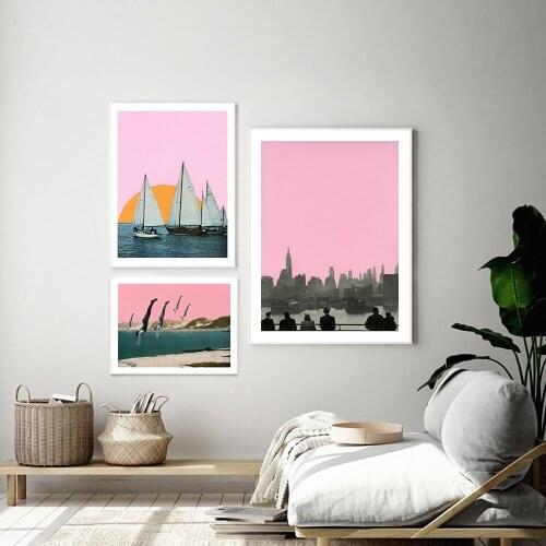 Modern Wall Art Pink Style Sunset With Sailboat Poster New York Nights Decor Picture Canvas Paintings for Living Room Home Decor