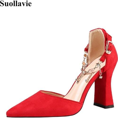 Suollavie sandals womens solid wedding shoes pointed toe chunky heel ladies shoes fashion chain party high heels buckle sandals