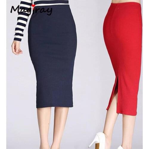 Magiray Knit Cotton Ribbed Pencil Midi Skirt Women Bodycon Slim High Waist Red Split Korean Elegant Sexy Office Party Skirt C207