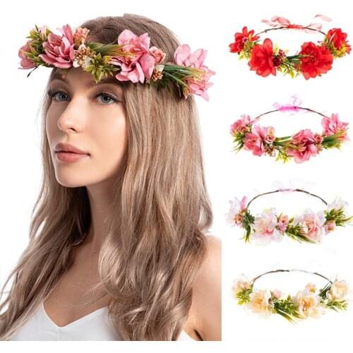 Bohemian Artificial Flower Garland Crown Wedding Bride Bridesmaid Headband Wreath with Adjustable Ribbon Beach Party Photo Props