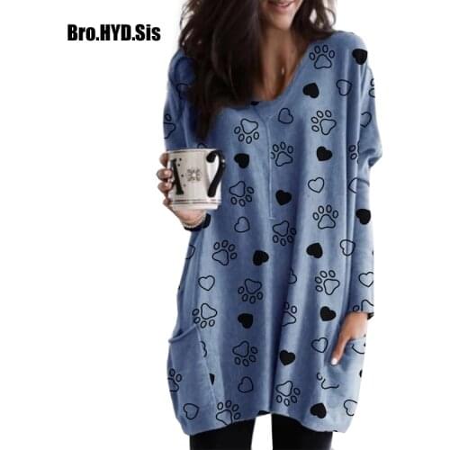 Casual Style Lady T-shirts Cartoon Dog Paws Print Women Long Sleeve Tops 2021 Spring Autumn V Neck Blue Tees Oversized Loose