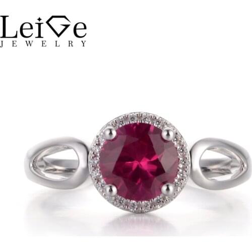 Leige Jewelry Lab Ruby Red Color Gemstone July Birthstone Round Cut Prong Setting Engagement Halo Ring 925 Sterling Silver