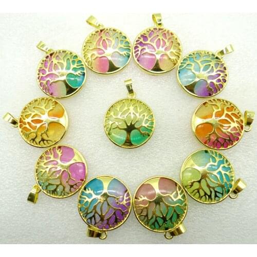 1Pcs Natural Stone Quartz Crystal Tiger Eye alloy Tree Of Life Round Shaped Charm Pendant For DIY Jewelry Making Necklace