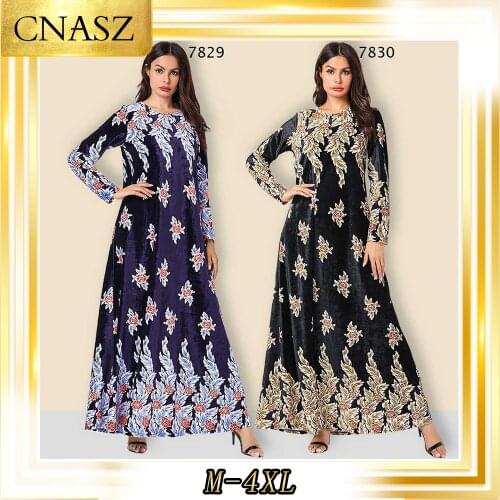 Abaya Turkish Fashion Simple Autumn And Winter Abaya Femme Black Bronzing Plant Print Long-Sleeved Muslim Casual Dress