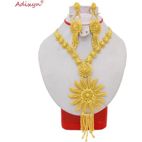 Adixyn Long chain/Earrings for Women 24k Gold Color Sun Flower Jewelry set Dubai India bridal wedding jewelry gifts N10095