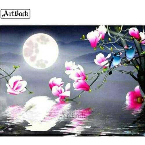 New 5d diy diamond painting flower moon full square 3d diamond mosaic set handmade crafts thrush bird flower home decoration