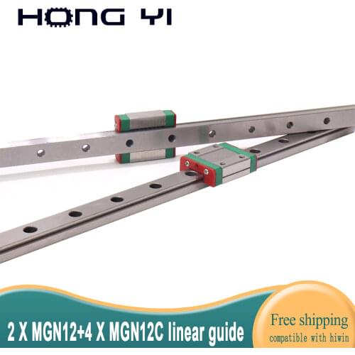 Free Shipping Square linear guide 2 X MGN12 L=200mm with 4pcs MGN12C linear blocks(can be cut any length)