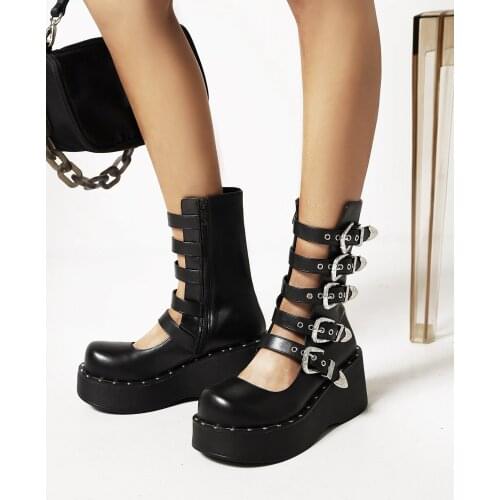 Metal Belt-Breasted Thick-Soled British Motorcycle Boots Punk Style Rivet Hollow Wedge Heel Summer Breathable Womens Boots