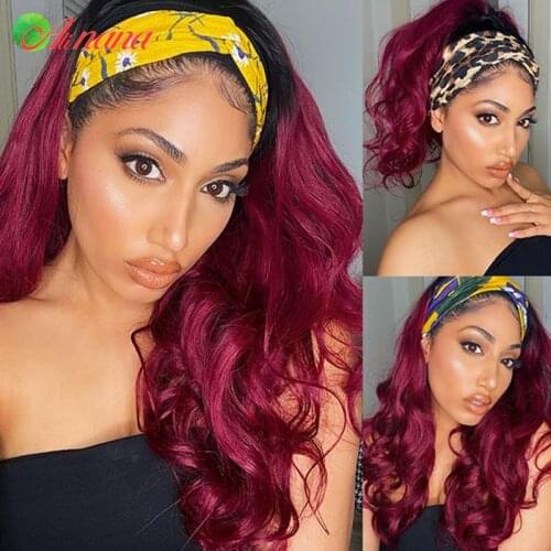 Alinana Red #99 Burgundy Color Long Wavy Headband Wig For Black Women Body Wave Human Hair Headwraps Scarf Wig 2021 New Fashion