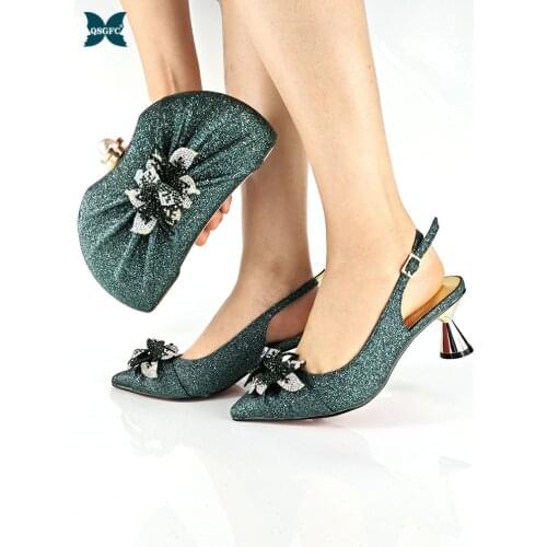 African 2021 New Arrival Italian Design Avocado Color Party Wedding Elegant Women Shoes and Bag Set Decorated With Flower