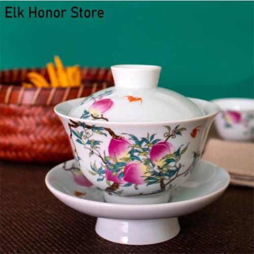Enamel Hand Painted Over Wall With Longevity Peach Pattern Kung Fu Health-Preserving Sancai Bowl Cup Of Tea Set Heat-resistant