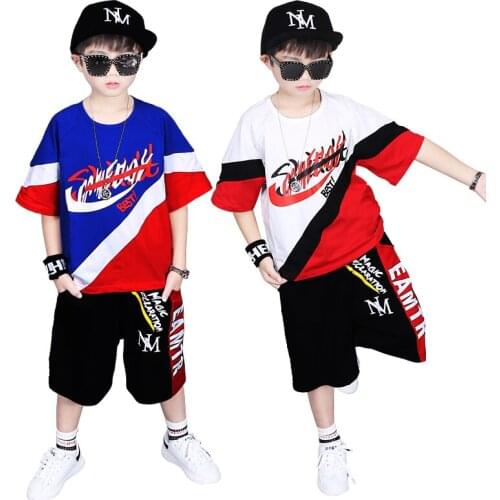 Big Boys Summer Set Letters Print Color Patchwork Loose Fit T-shirts and Shorts 2PCS Clothing Sets Fashion Street Dancer Sets