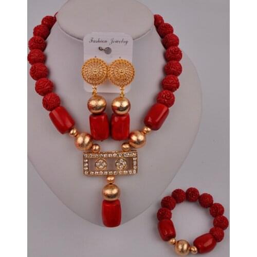 Red Nigeria Coral Beads African Coral Set Costume Necklace Bridal Jewelry Sets for Women 024-A3