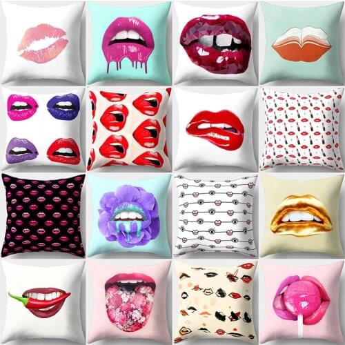45*45cm Hot Sexy Lips Print Square Throw Pillow Cover Cushion Case olyester Peach Skin Decorative Pillowcase Car Home Sofa Decor