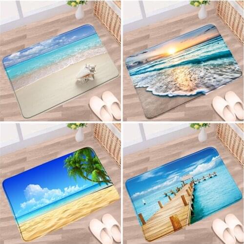 Summer Beach Bath Mat Sea Palm Tree Sunset Ocean Scenery Pattern Non-slip Rugs Flannel Home Decor Bathroom kitchen Aisle Carpet