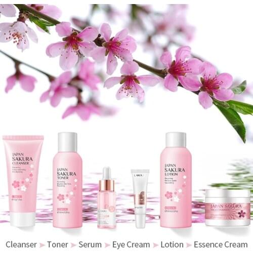 Sakura 6Pcs Skin Care Set Moisturizing Anti Aging Anti Wrinkle Repair Face Essence Firming Whitening Cream Face Care Moisturizer