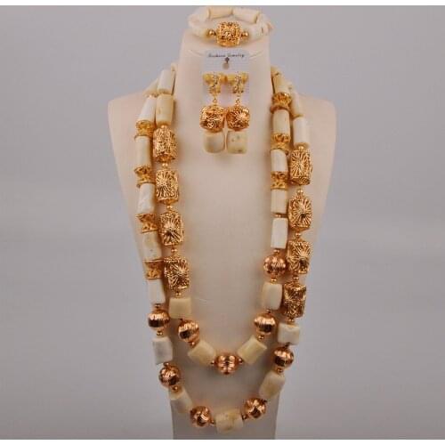 Nigerian Wedding Coral Beads African Jewelry Set 24inches White Costume Necklace Dubai Gold Bridal Jewelry Sets for Women