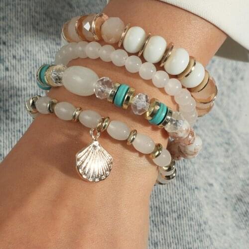 ORNAPEADIA New Retro Crystal Bracelet for Women Ethnic Bohemian Elastic Rope Lady Multiple Beaded Scallops Shaped