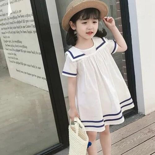 2-9 Years Little Toddler Girls Sailor Collar Dresses Kids Summer Short Sleeve White Princess Dress Korean Children Clothing 8 7