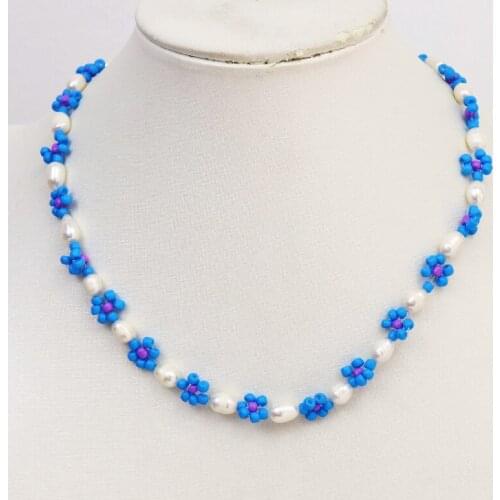 3 Strand Handmade Freshwater pearls necklace Blue Flower Jewelry Handmade pearls necklace Elegant jewelry Necklace