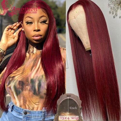 Straight 99j# Lace Frontal Wigs Peruvian Human Hair Wigs Burgundy180% Density Pre plucked Transparent 13x4 Lace Frontal Wigs