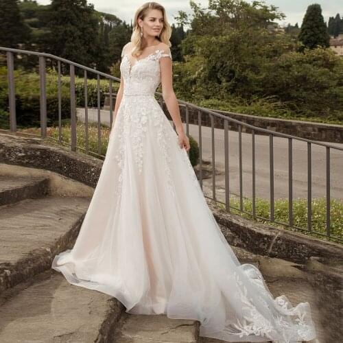 Romantic Lace Applique Bridal Gowns A-line Tulle Cap Sleeves Beaded Wedding Dress 2020 Boho Vestido De Noiva