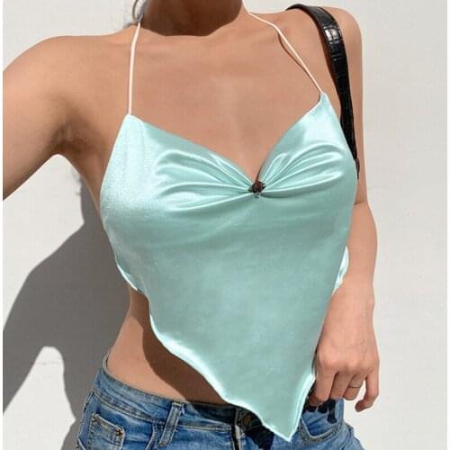 Sexy Ruched Y2K Brown Halter Tops Ladies Backless V-neck Vintage Korean Camisole Floral Aesthetic 90s Satin Shirts