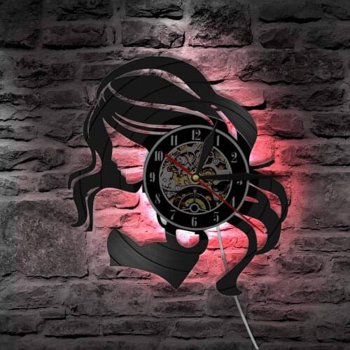 Sexy Lady With Long Hair Modern Vinyl Record Wall Clock Beauty Salon Business Sign Woman HairCare Barber Shop Wall Clock Watch