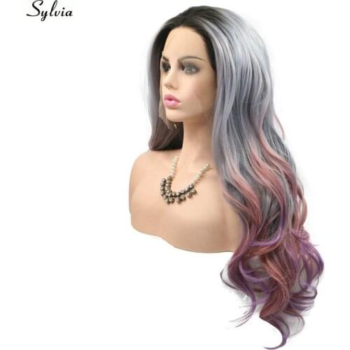 Sylvia Dark Roots Ombre Grey Mixed Blue To Pink/Purple Synthetic Lace Front Wigs Body Wave Soft Hair Long Heat Resistant Fiber