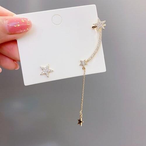 Fashion Cubic Zircon Star Asymmetry Ear Cuf Earrings Korean Style Gold Chain Personality Stud Earrings For Women Wedding Jewelry