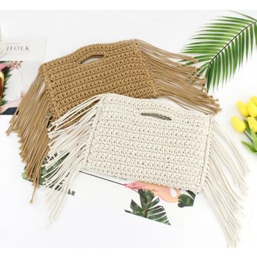 Tassels Hand Held Handmade Women Straw Bags Cotton Rope Woven Hand Bag Woven Fringe Bag Womens Handbag Lady Summer Beach Purses