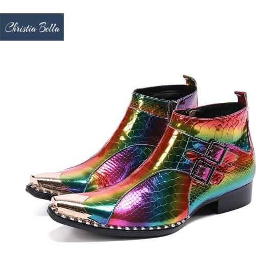 Christia Bella Designer Genuine Leather Men Ankle Boots Zipper Rainbow Laser Short Boots Fashion Party Wedding Dress Shoes Botas