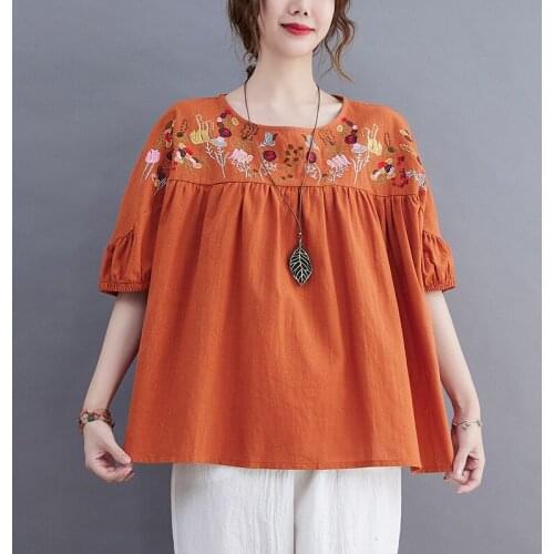 Johnature Women Cotton Linen Shirts O-Neck Short Sleeve Embroidery Blouse 2021 New Summer Loose Vintage Clothing