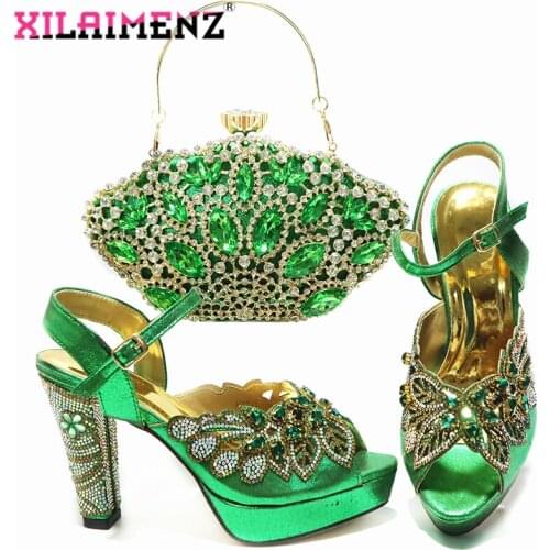 2021 Green Color INS Hot Selling Italian Ladies Shoes and Bag to Match Classics Style Nigerian Women Sandals with Crystal