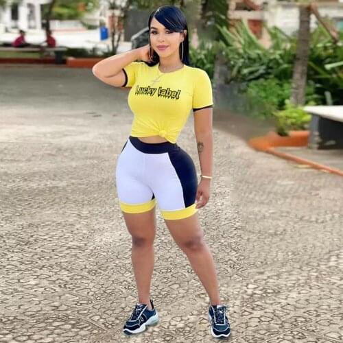 Contrast Color Patchwork Womens Sport Suits Lucky Label Print Short Sleeve Tops and Workout Biker Short Two Piece Tracksuits