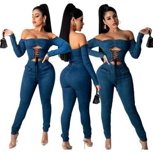 Echoine Women Sexy Off shoulder strappy sexy denim jumpsuit Long sleeve Rompers Overalls party Club Bodysuit one piece outfit