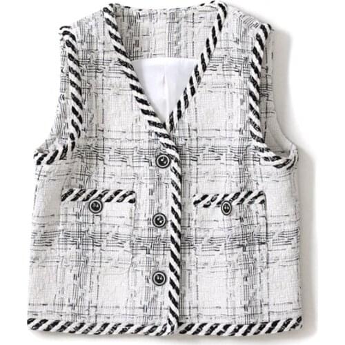 Tweed Jacket women sleeveless plaid fabric V-neck double-breasted 2020 spring / autumn womens jacket short one piece