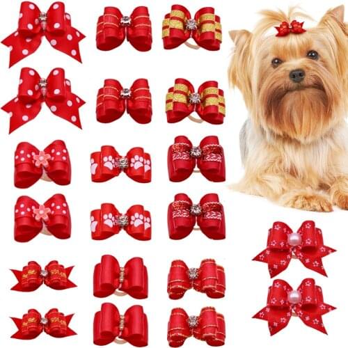 10pcs/lot Hand-made Small Dog Hair Bows Rubber Band Cat Hair Clips Boutique Valentines day Pet Dog Grooming Accessories Product